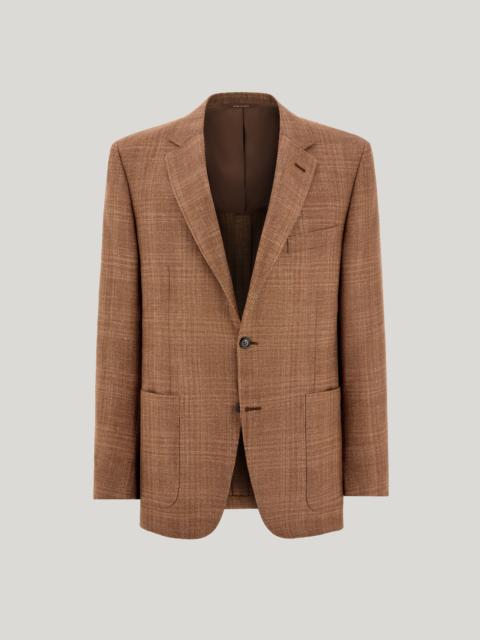 RUST-COLORED REGULAR FIT JACKET IN WOOL, SILK, AND LINEN WITH OVERCHECK PATTERN