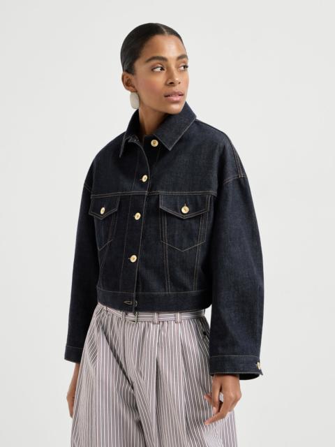 No-fade denim outerwear jacket with monili