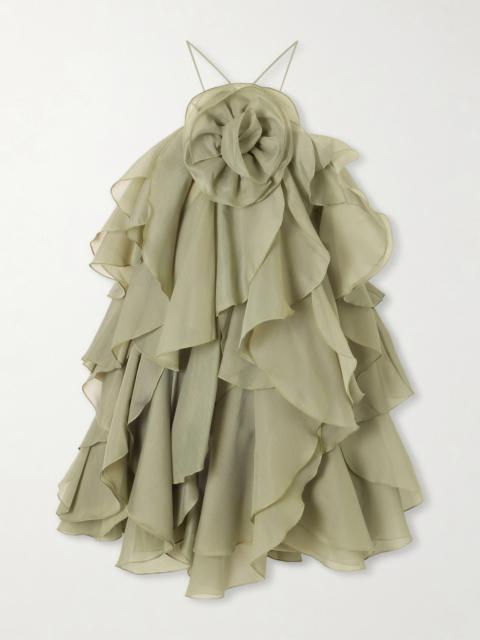 Pandorea Appliquéd Ruffled Layered Chiffon Mini Dress