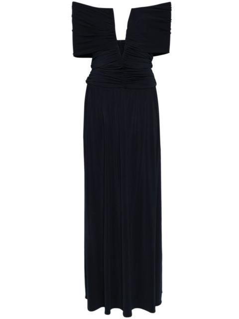 off-shoulder ruched maxi dress