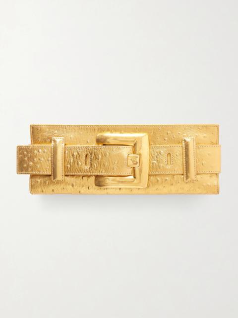 Anthem Buckled Ostrich-effect Metallic Leather Clutch