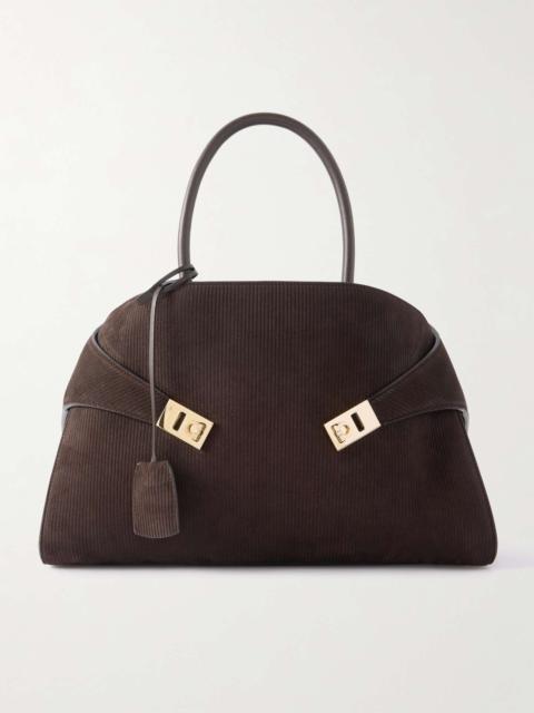 Hug medium leather-trimmed ribbed-suede tote Brown