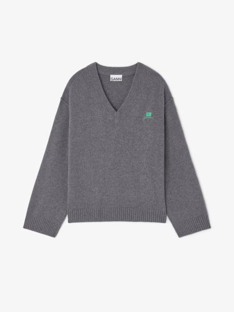 GREY WOOL MIX V-NECK SWEATER