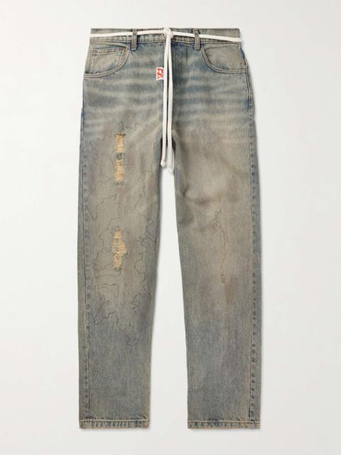 Fathers Way Slim-Fit Straight-Leg Belted Distressed Printed Jeans