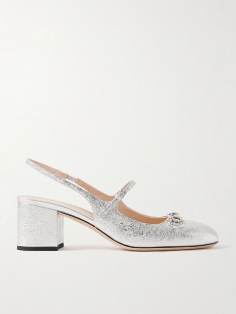 Lady horsebit-detailed metallic crinkled-leather Mary Jane pumps Silver