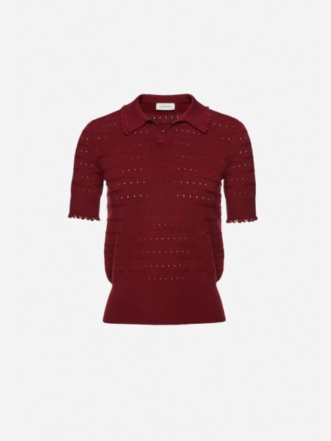 Polo knit top with frill details in burgundy