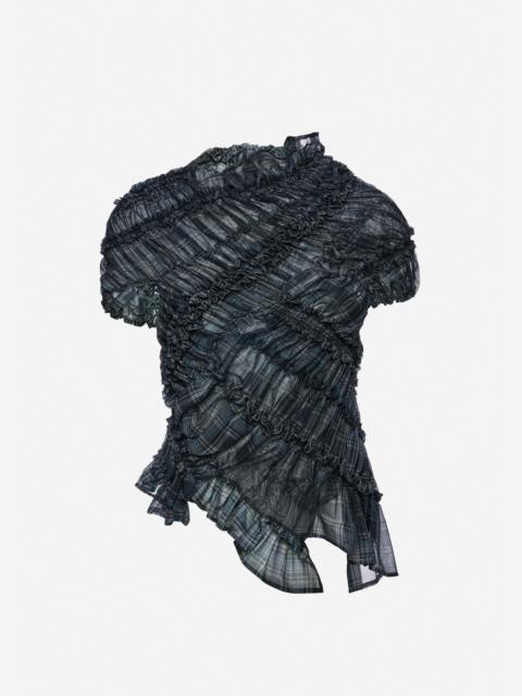 Ruched cotton short sleeve blouse in blue check