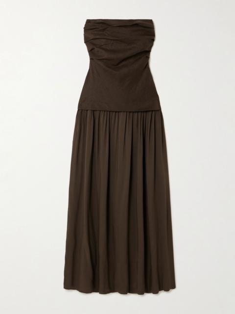 Hedy strapless gathered linen and voile maxi dress Dark green