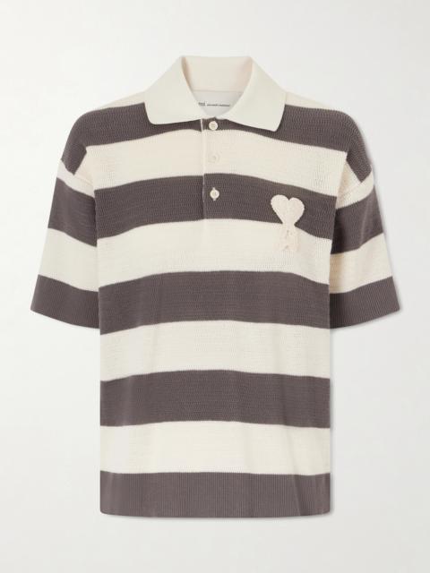 Embroidered Striped Knitted Cotton Polo Shirt