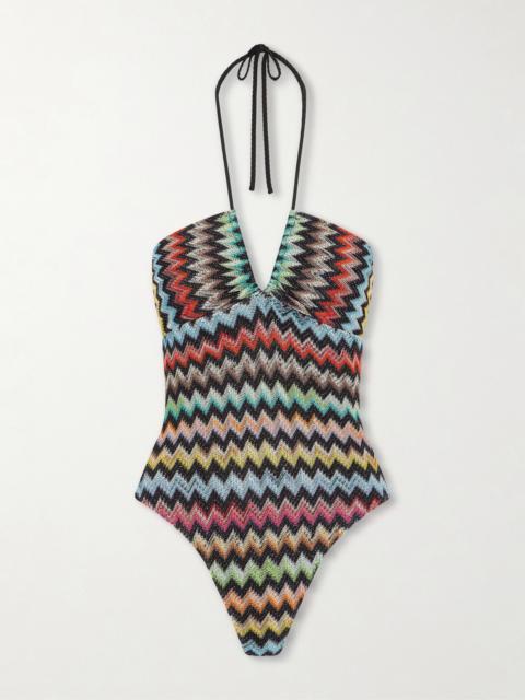 Striped Metallic Crochet-knit Swimsuit