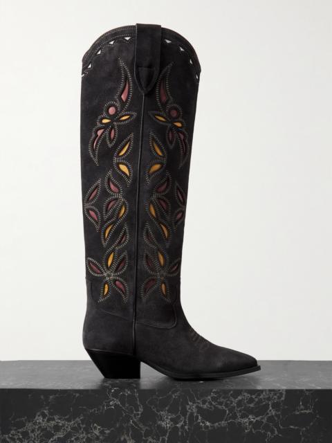 Denvee Cutout Embroidered Leather-trimmed Suede Knee Boots