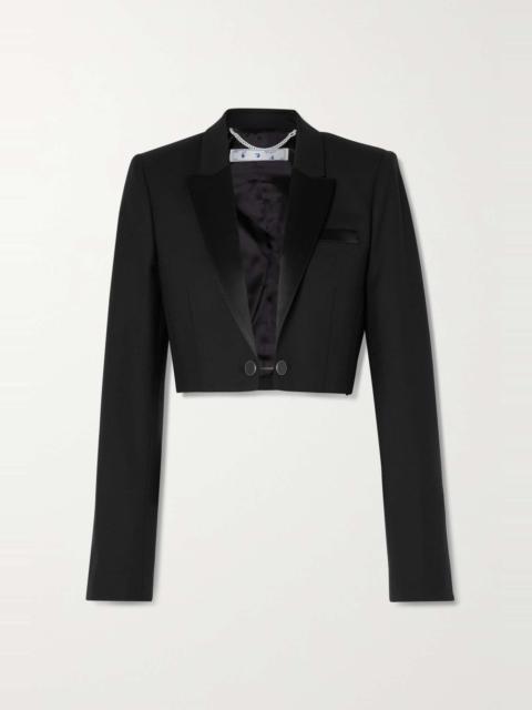 Cropped satin-trimmed twill blazer