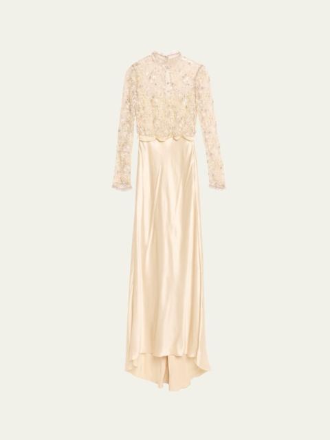 Embroidered Lace Long-Sleeve Silk Gown