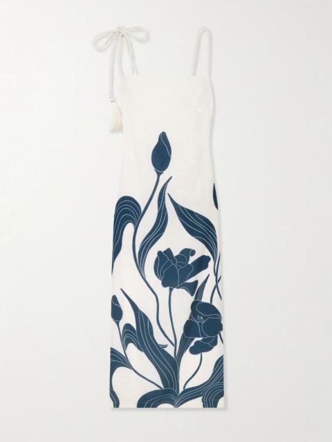 Pasos De Jardin floral-print linen midi dress Ivory