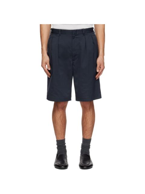 Navy Double Pleated Chino Shorts