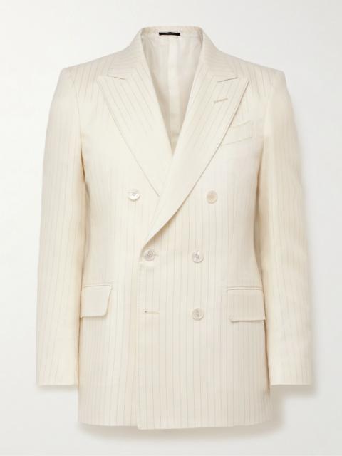 Dyllan Double-Breasted Metallic Striped Wool-Blend Suit Jacket Neutral