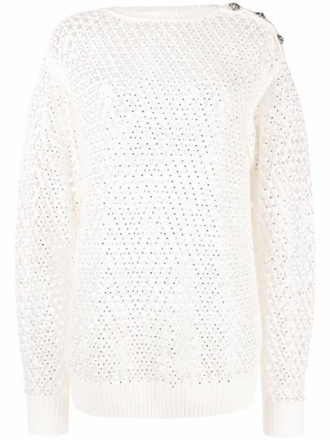 pointelle-knit crystal-embellished jumper