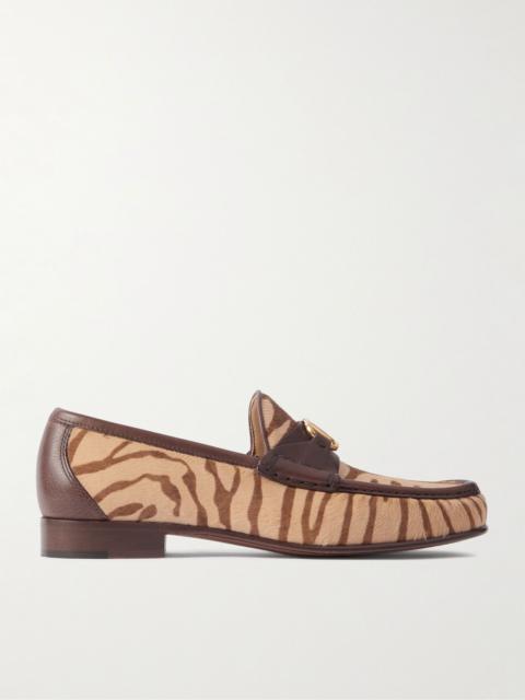Logo-Embellished Leather-Trimmed Tiger-Print Calf Hair Loafers Brown