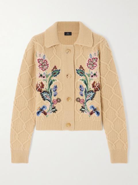 Embroidered cable-knit wool and cashmere-blend cardigan Beige
