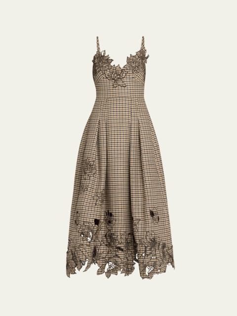 Embroidered Pied De Poule Sleeveless Midi Dress