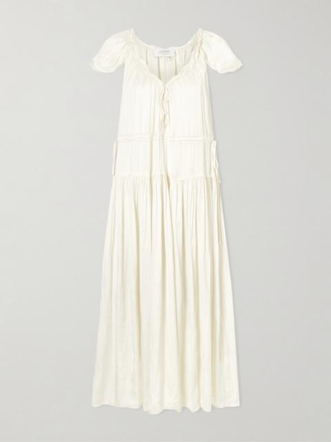 Pintucked Ruffled Satin Midi Dress