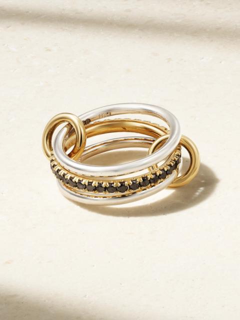 Tigris Set Of Three 18-karat Gold, Sterling Silver And Blackened Diamond Rings