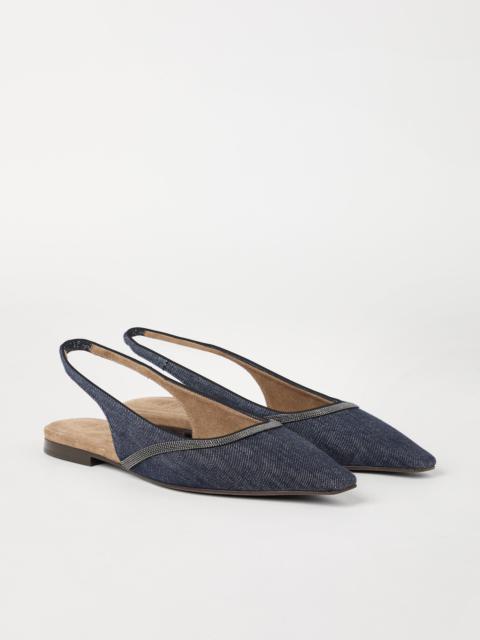 Cotton denim-effect twill slingback flats with shiny contour