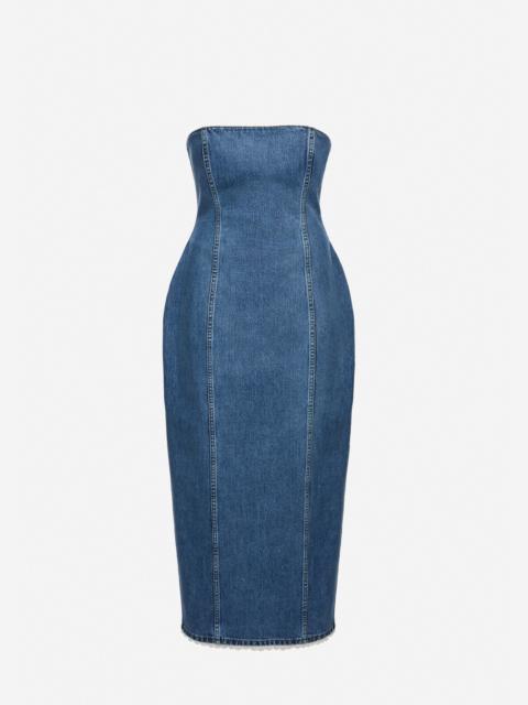 Strapless denim midi dress in dark blue