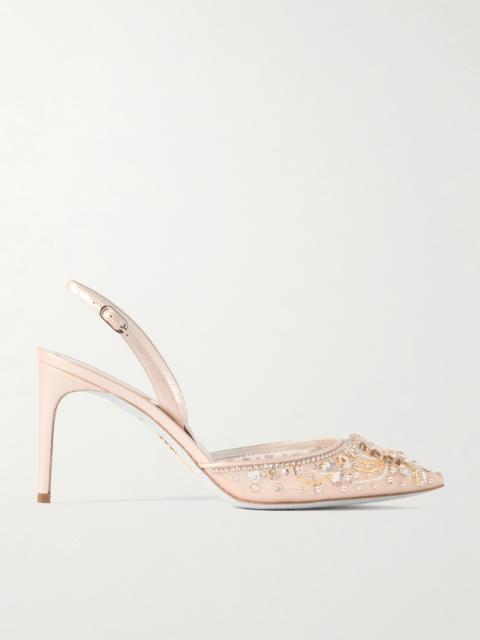 Crystal-embellished Leather And Tulle Slingback Pumps