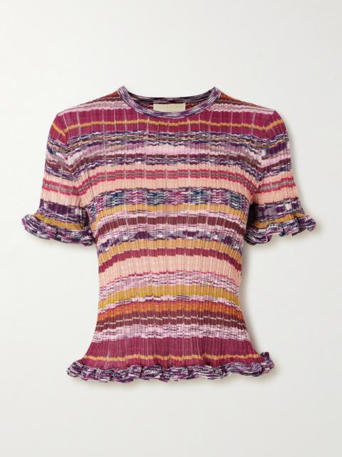 Miya Ruffled Striped Ribbed-knit Sweater