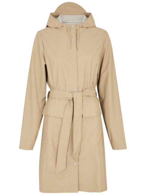 Belted hooded rubberised jacket