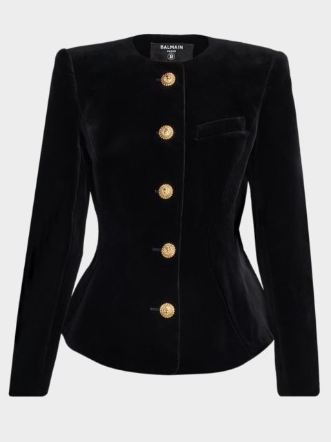 Single-Breasted Velvet Collarless Jacket