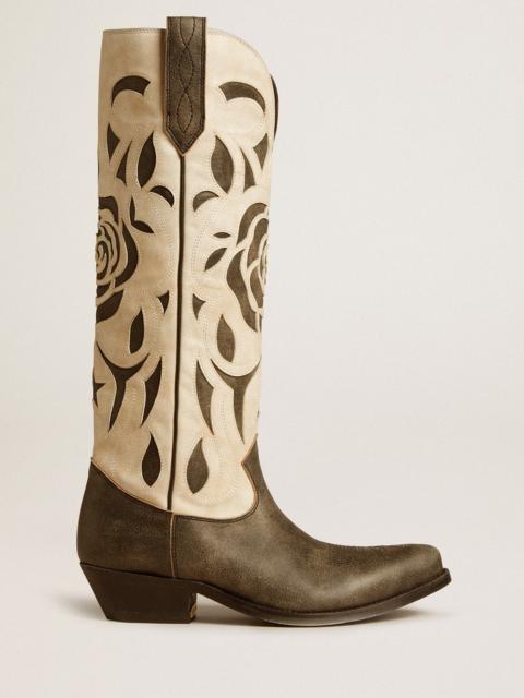 Wish Star boots in black and white leather with inlay rose and star