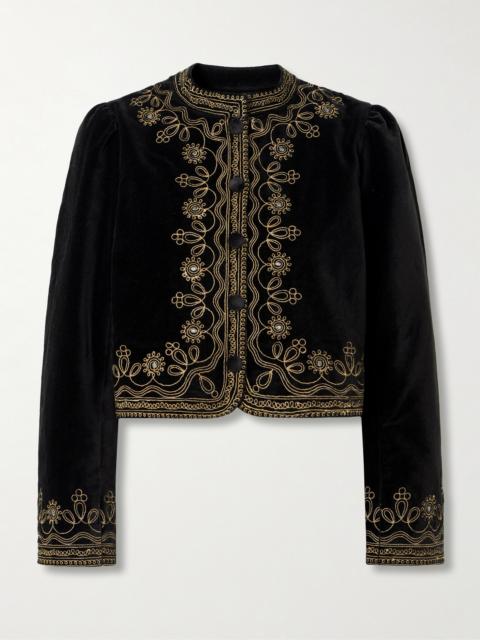 Denver Cropped Embroidered Cotton-velvet Jacket