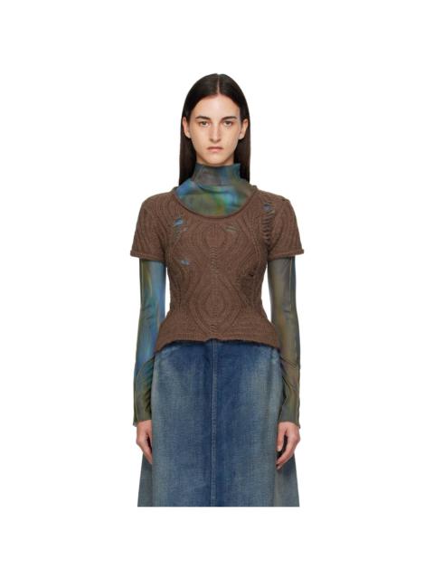 Brown & Green Cap Sleeve Sweater Layered T-shirt