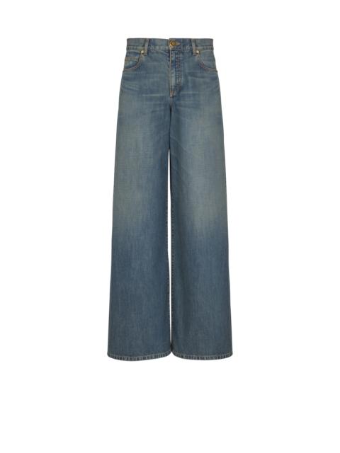 Wide-leg faded denim jeans