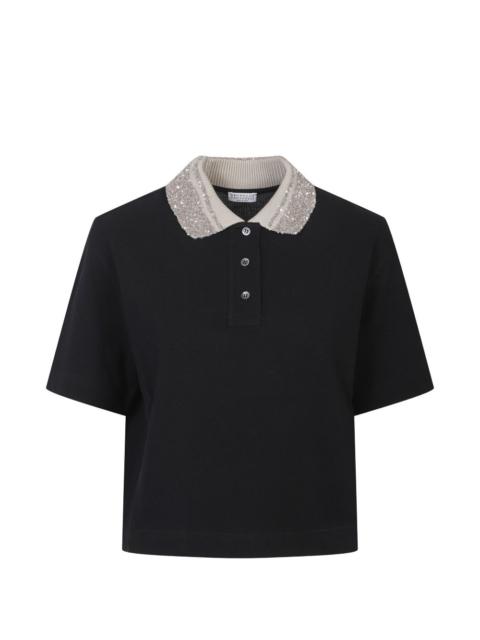 collar-embellished polo top