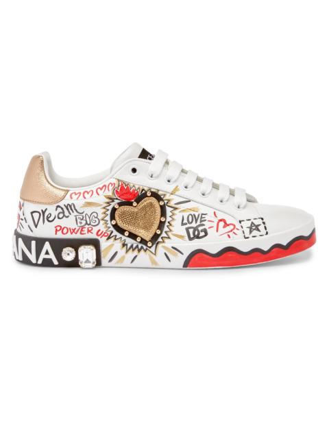Women's Embellished Printed Leather Low-Top Sneakers - Bianco Oro Antico