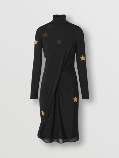 Long-sleeve Star Motif Gathered Silk Viscose Dress
