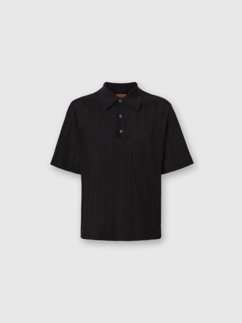 Cotton and viscose polo shirt with tone-on-tone zigzag