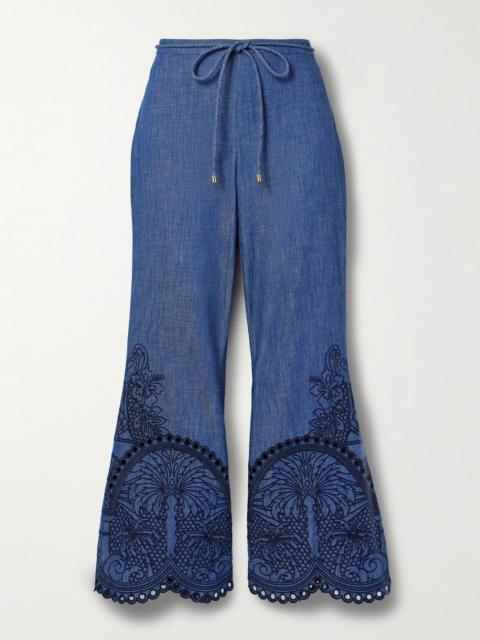 Coco Belted Embroidered Cotton-chambray Flared Pants