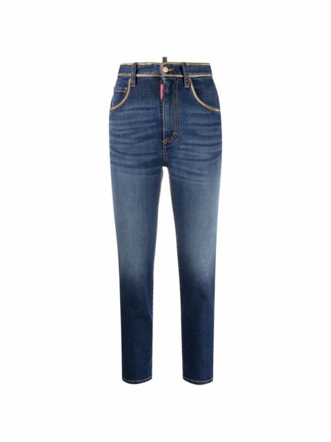 high-waisted chain-trim cropped jeans