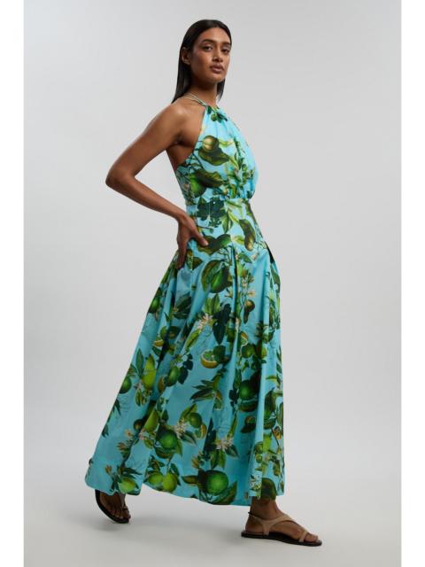 Petite Lime Print Cotton Halter Neck Woven Midi Dress With Dropped Waist Detail