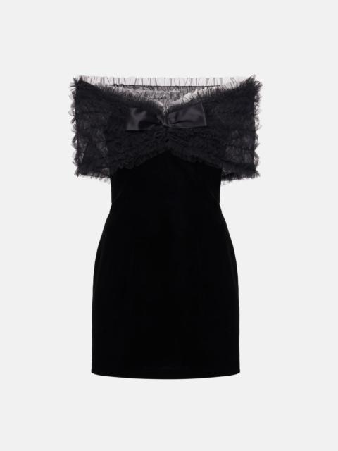 VELVET OFF THE SHOULDER MINI DRESS W/ RUCHED TULLE