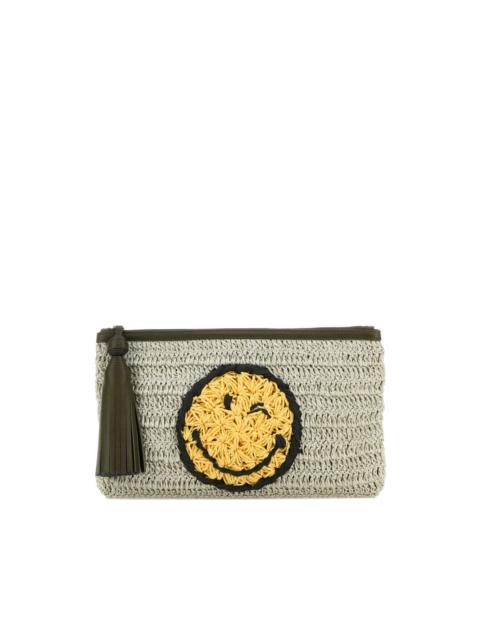 crochet smiley-logo clutch bag