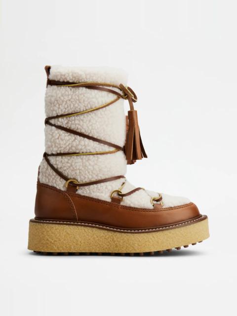 PLATFORM ANKLE BOOTS IN LEATHER AND WOOL - BROWN, OFF WHITE