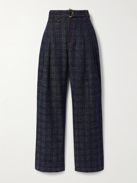 Belted pleated cotton-tweed wide-leg pants Navy