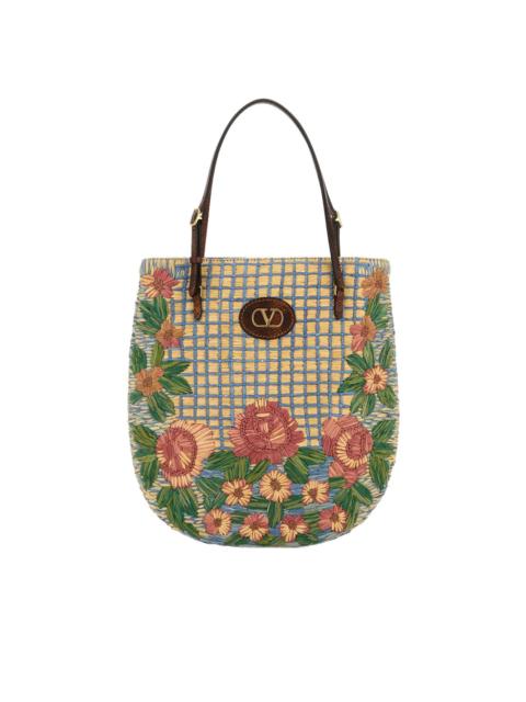 embroidered-raffia V-logo shoulder bag