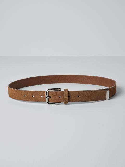 Reversed leather belt with square buckle and tip