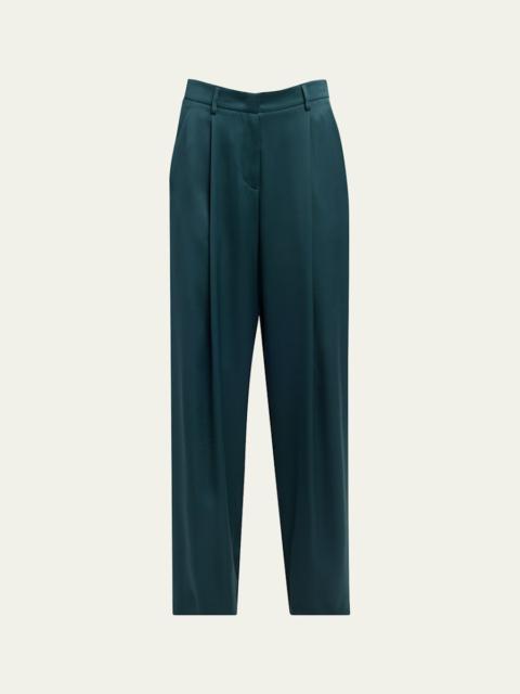 Pleated Silk Straight-Leg Trousers
